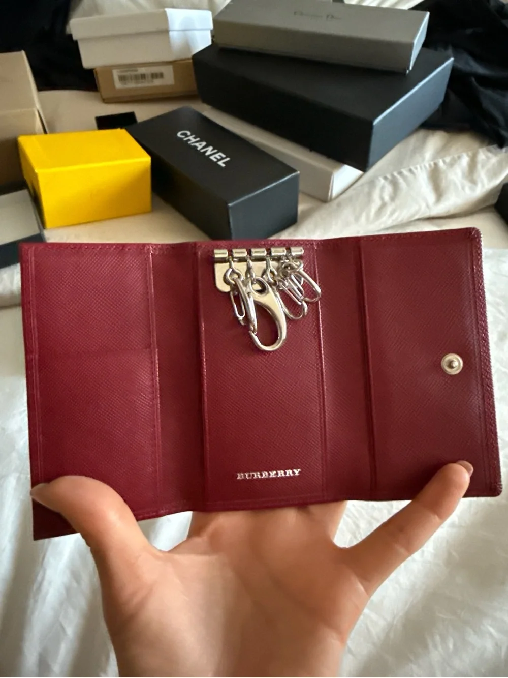 Burberry Embossed Check Leather Key Holder Burgundy NIB
